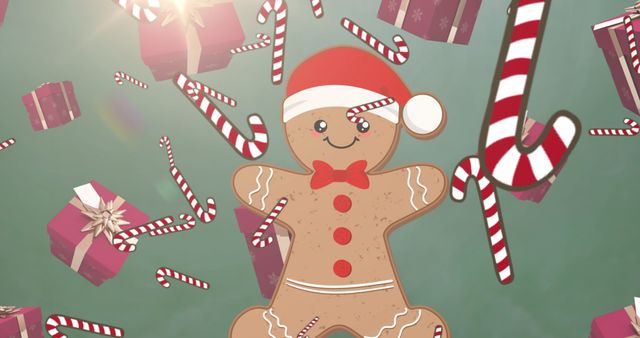 Festive Gingerbread Man with Falling Candy Canes and Gifts - Download Free Stock Images Pikwizard.com