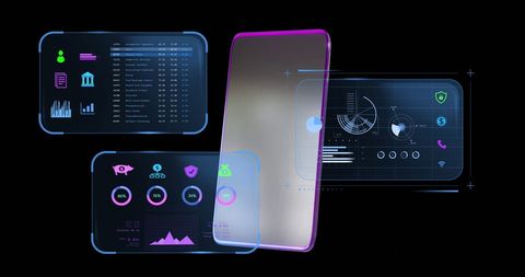 Futuristic financial data on holographic smartphone interface
