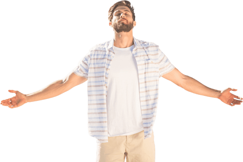 Caucasian Man Expressing Serenity with Open Arms on Transparent Background