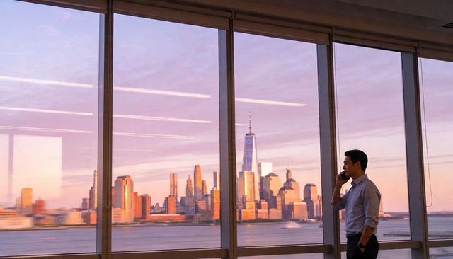 Businessman making phone call by office window overlooking manhattan skyline at sunset