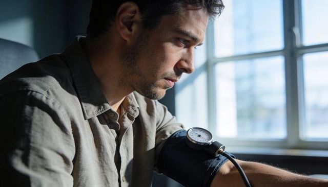 Man checking blood pressure at desk by sunlit window with cuff gauge, focused health monitoring