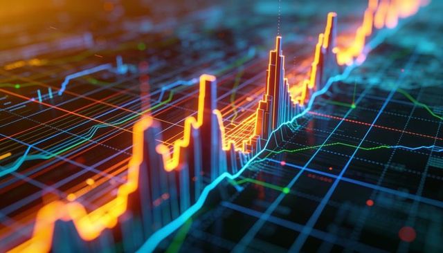 Neon 3d financial chart showing orange peaks and blue trend lines on dark grid