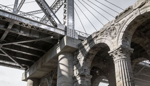Riveted steel trusses meeting carved stone arches under urban bridge with cable spans and sparks