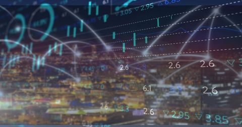 Futuristic Financial Analytics with Skyline Overlay and Data Visualization