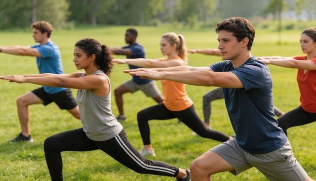 Diverse group performing forward lunges during outdoor fitness class on sunny park lawn