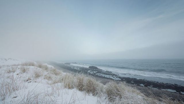 Snow-dusted coastal dunes meeting misty rocky shoreline, minimal winter seascape