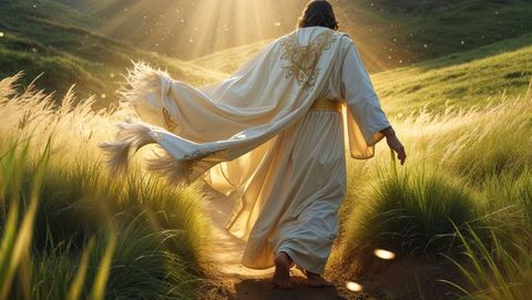 Man in white gold robe walking through sunlit meadow evoking jesus' serenity