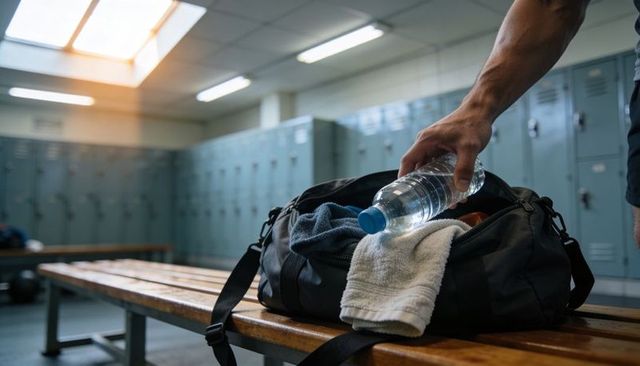 Athlete grabbing water bottle from duffel bag on bench in gym locker room with skylight