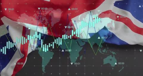 Financial Data and World Map with UK Flag Overlay