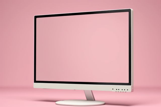 Computer monitor with blank screen and copy space, created using generative ai technology. Computing and technology concept digitally generated image.