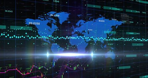 Futuristic World Map with Global Data and Trading Analytics