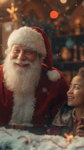 Smiling Santa leaning and reassuring child at festive holiday market vertical video