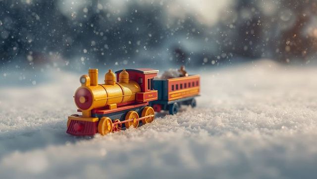 Colorful Toy Train in Snowy Winter Landscape for Festive Season