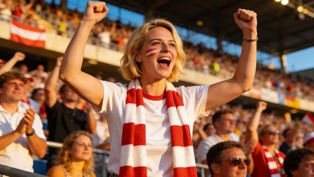 Young woman cheering in stadium wearing red white scarf and face paint, fan crowd energy