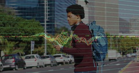 Urban commuter walking and checking smartphone with market data overlay on downtown street