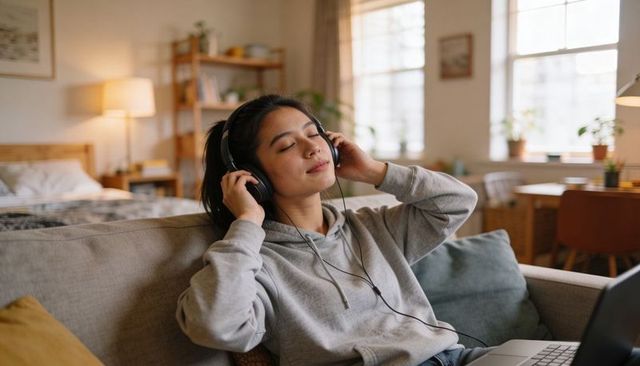 Asian woman listening to music with headphones and laptop on couch in cozy sunlit living room