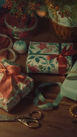 Vertical video tilting over workshop table focusing on floral wrapped gift with satin bow