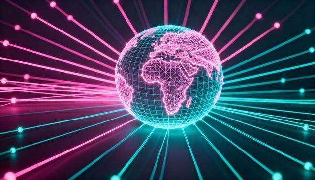 Neon Wireframe Globe Emitting Cyber Network Beams in Pink and Cyan