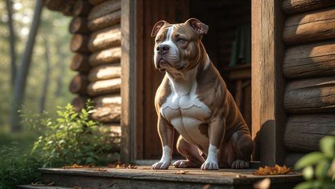 Alert pitbull dog on wooden porch embraced by autumnal warmth