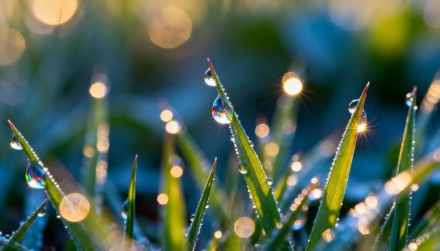 Glistening dew drops on grass blades macro close-up with frost, refraction and warm bokeh at dawn