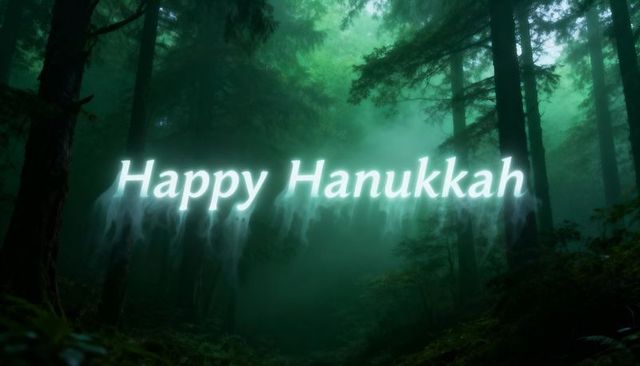 Ethereal happy hanukkah glow floating in misty evergreen forest