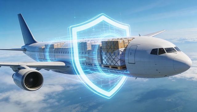Cargo jet with digital shield representing air cargo cybersecurity and supply chain safety