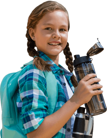 Transparent girl carrying backpack and holding water bottle outdoors