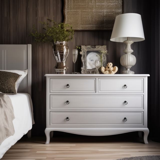 This bedroom scene features a stylish white dresser with a lamp, framed photo, and decorative vases on top. Ideal for use in interior design magazines, home decor blogs, furniture advertisements, or website banners showcasing cozy and elegant living spaces.