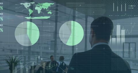 Businessman analyzing global data visualization interface