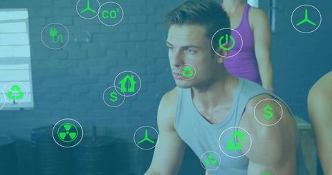 Man Training on Rowing Machine with Energy Icon Overlays