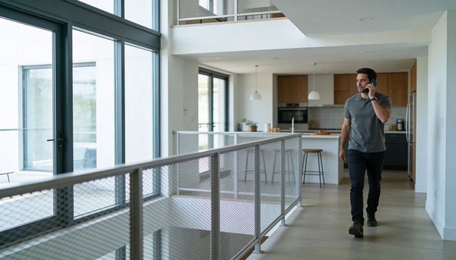 Modern loft man walking on upper walkway speaking on smartphone in minimalist open-plan home