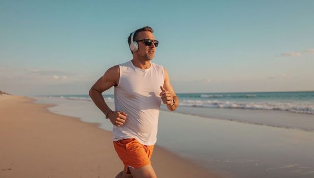 Man Jogging on Beach in Athletic Gear with Headphones