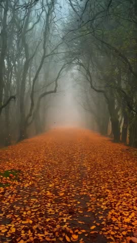Vertical autumn forest lane with fog drifting inward and leaves carpeting path