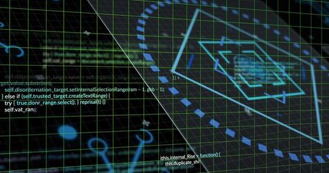Futuristic 3D HUD Grid Showing Cyan Hex Target, Trajectory Path and Code Overlay