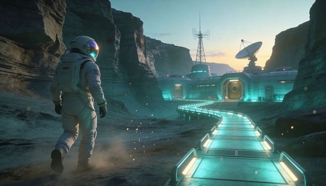 Solo astronaut walking along glowing teal walkway toward futuristic canyon outpost at dusk