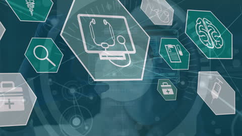Medical Technology Icons Overlaid on Healthcare Worker