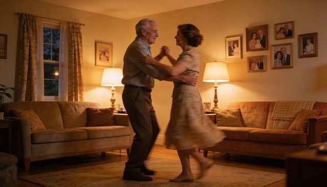 Senior couple dancing in cozy living room during warm evening, nostalgic romance