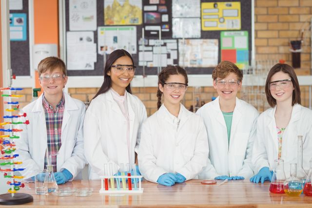 Group of school kids wearing lab coats and safety goggles conducting a chemical experiment in a laboratory. Ideal for educational content, science class promotions, STEM programs, and teamwork illustrations.