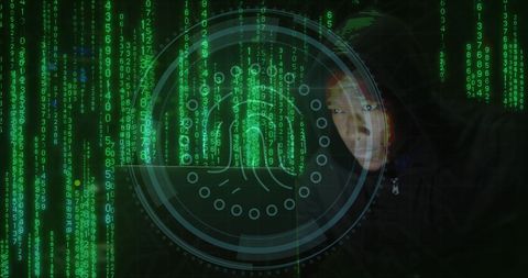 Hooded Hacker Accessing Biometric Data Amidst Digital Code - Download Free Stock Images Pikwizard.com