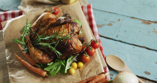 Whole roast chicken surrounded by fresh vegetables such as carrots, lettuce, and cherry tomatoes, garnished with rosemary on rustic wooden table. Ideal for use in cooking blogs, recipe websites, or food magazines to illustrate delicious home-cooked meals or holiday feasts.