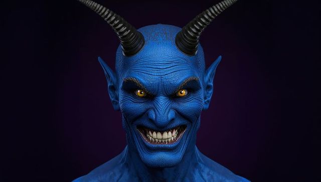 Blue-skinned horned monster smiling evil in dark fantasy setting