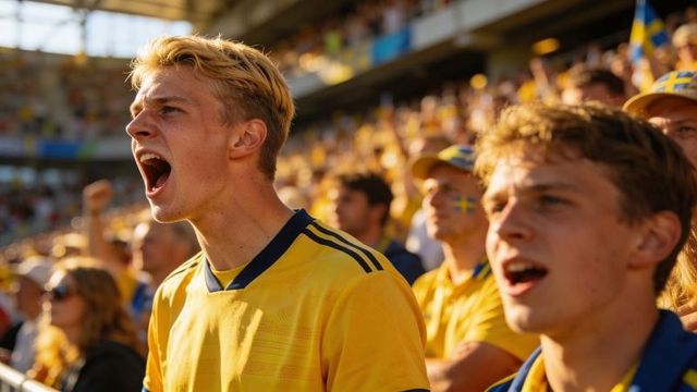 Young swedish supporters chanting and celebrating in crowded stadium during match