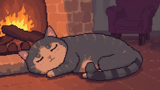 Sleeping plump grey tabby cat curling by warm fireplace pixel art cozy scene