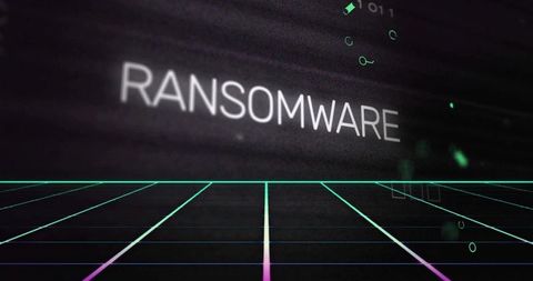 Ransomware threat hovering over neon wireframe grid cyberpunk digital malware concept