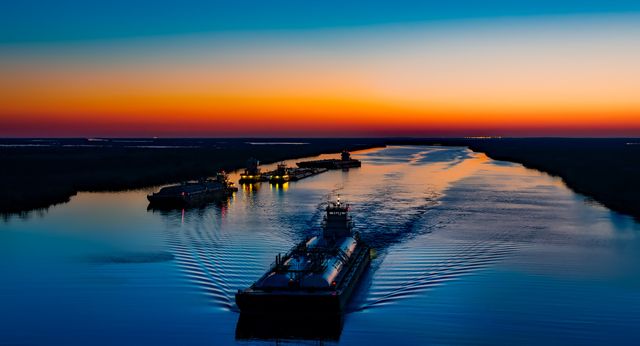 Amazing view of multiple cargo ships navigating a serene river during a colorful sunset. The combination of twilight hues and calm waters offers a tranquil yet powerful visual of waterway transportation. Perfect for use in promotional material for shipping companies, travel and tourism content, environmental issues related to water transport, and backgrounds illustrating logistics and trade.