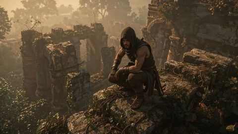 Rugged hooded assassin explorer in ancient jungle ruins with sword