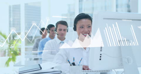 Financial Data Overlay on Smiling Diverse Business Team