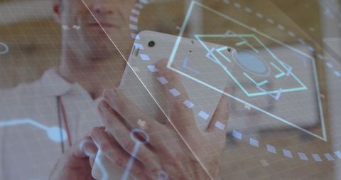 Man holding smartphone tapping holographic HUD interface with futuristic digital grid