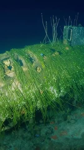 Underwater ROV Scanning Rusted Aircraft Fuselage with Lights Turning On Vertical Video