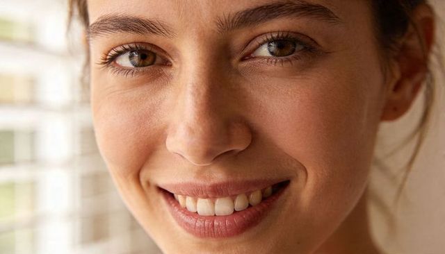 Closeup smiling woman with hazel eyes and natural freckles by window blinds